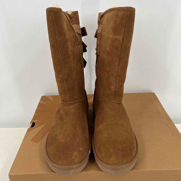 UGG Everleigh 1005386 Tall Tan Sheepskin Boots with Bows Size US10  EU41 NEW BOX - Picture 9 of 12